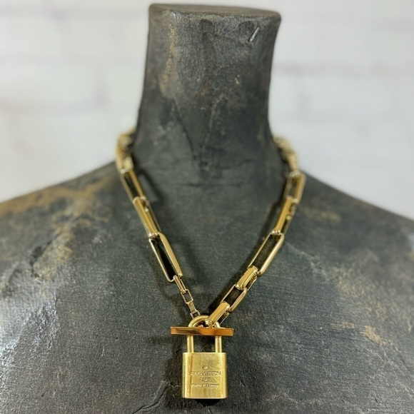 LOUIS VUITTON Brass Pad Lock as a pendant on a FOSSIL brass toggle necklace EUC - Picture 7 of 16